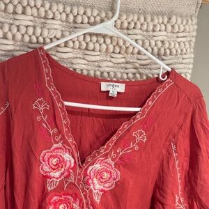 Umgee Crimson Blouse with Pink Floral Embroidery
